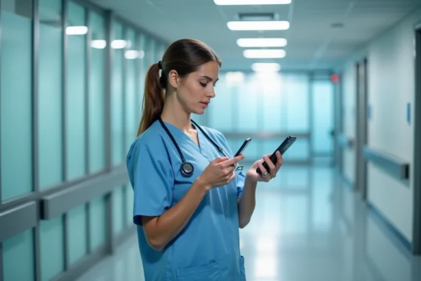 Professionnelle de santé en blouse bleue déverrouillant un smartphone par empreinte digitale dans un couloir de CHU moderne