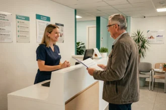 Accueil d'un centre d'imagerie médicale en Île-de-France avec réceptionniste aidant un patient