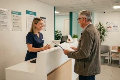 Accueil d'un centre d'imagerie médicale en Île-de-France avec réceptionniste aidant un patient