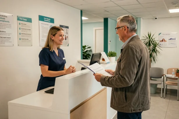 Accueil d'un centre d'imagerie médicale en Île-de-France avec réceptionniste aidant un patient