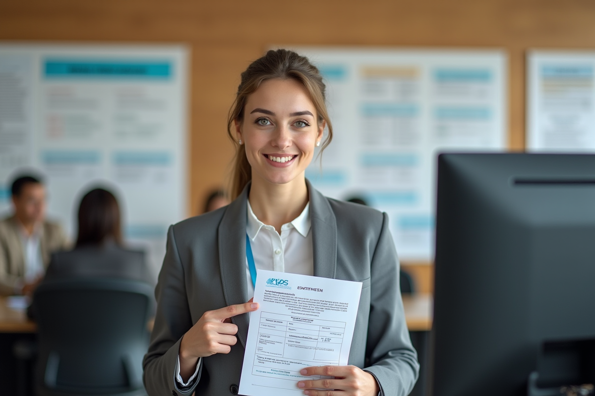 Assistante santé aidant à un guichet avec documents et ordinateur
