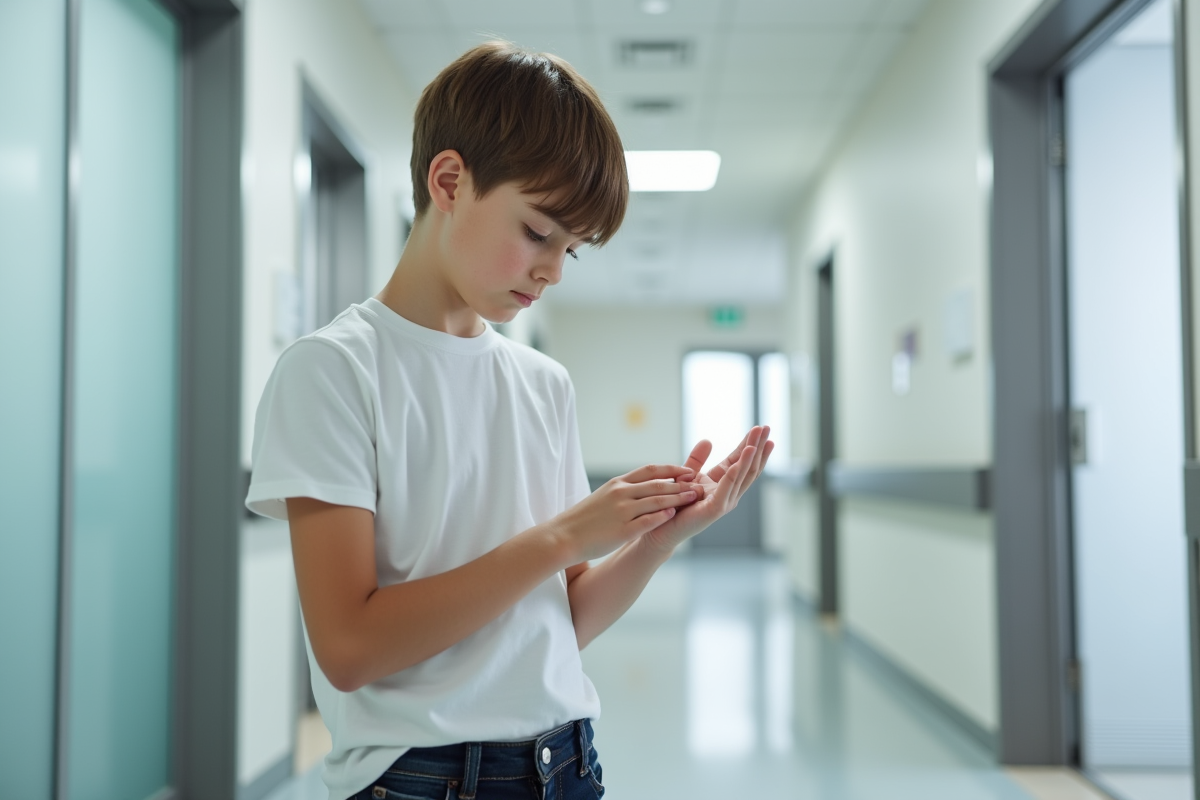 Adolescent examinant une éruption cutanée dans une clinique