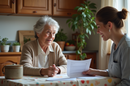 Femme senior souriante avec aide à domicile en cuisine
