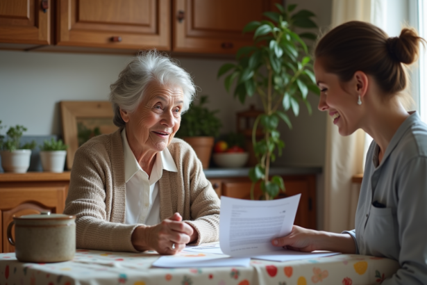 Femme senior souriante avec aide à domicile en cuisine