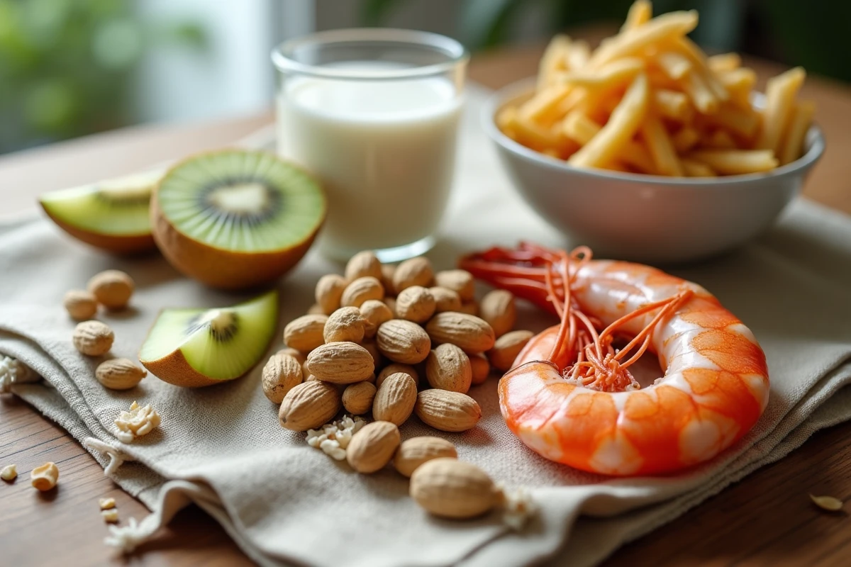 Aliments allergènes courants comme les arachides, crevettes et kiwi pouvant déclencher un œdème de Quincke