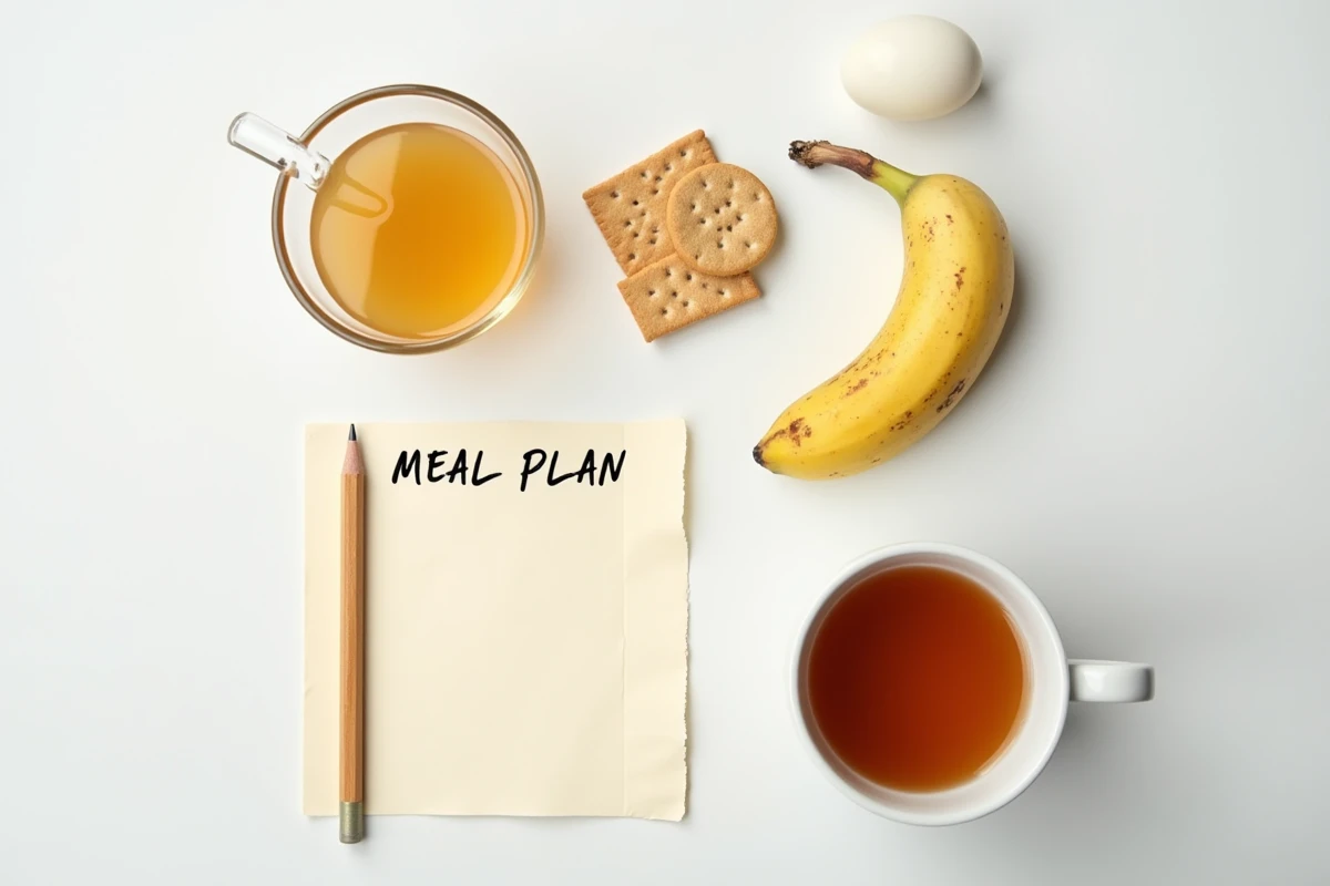 Aliments autorisés avant coloscopie disposés en flat-lay : bouillon, œuf, crackers, banane et tisane sur table blanche