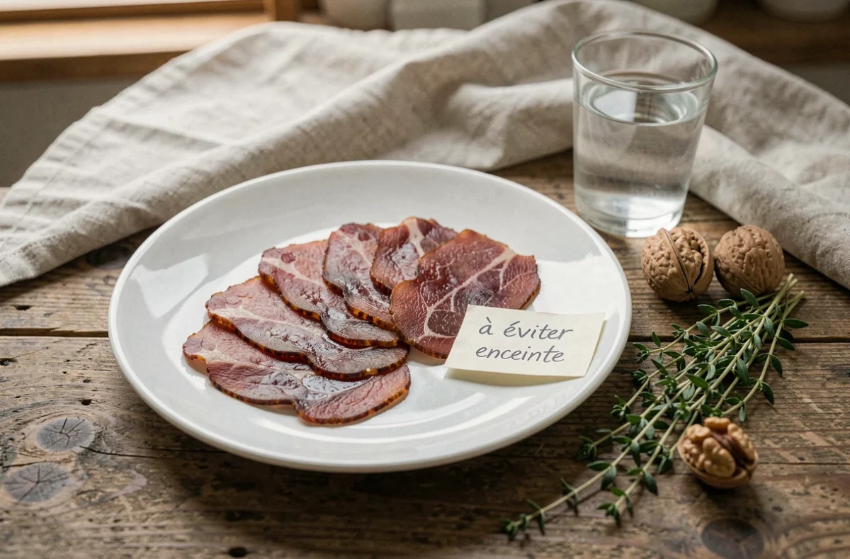 Assiette de viande des grisons avec note de précaution pour femme enceinte sur table en bois