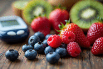 Assortiment de fruits rouges et kiwis frais sur une table en bois