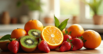 Assortiment de fruits riches en vitamine D sur une table ensoleillee