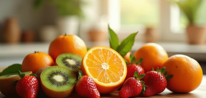Assortiment de fruits riches en vitamine D sur une table ensoleillee