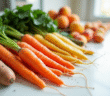 Assortiment de fruits et légumes riches en vitamine A sur un plan de travail