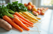 Assortiment de fruits et légumes riches en vitamine A sur un plan de travail