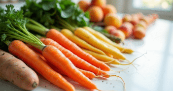 Assortiment de fruits et légumes riches en vitamine A sur un plan de travail