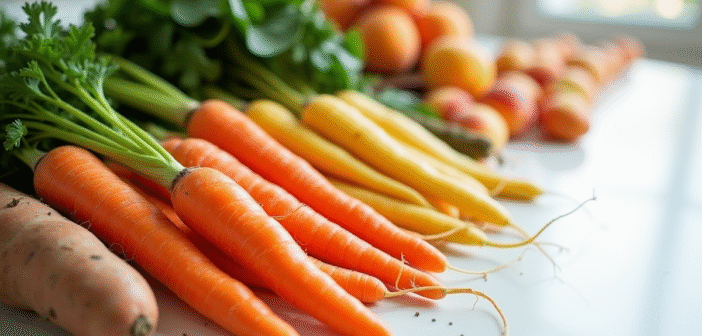 Assortiment de fruits et légumes riches en vitamine A sur un plan de travail