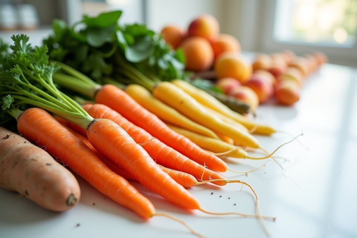 Assortiment de fruits et légumes riches en vitamine A sur un plan de travail