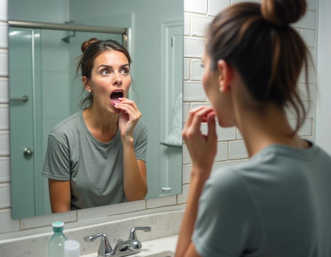 Femme examinant sa langue devant un miroir de salle de bain pour repérer des taches anormales
