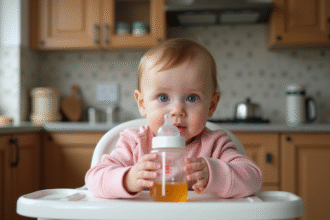Bébé fille de 10 mois dans une chaise haute regardant son biberon