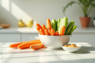 Bol de légumes frais avec hummus sur plan de travail