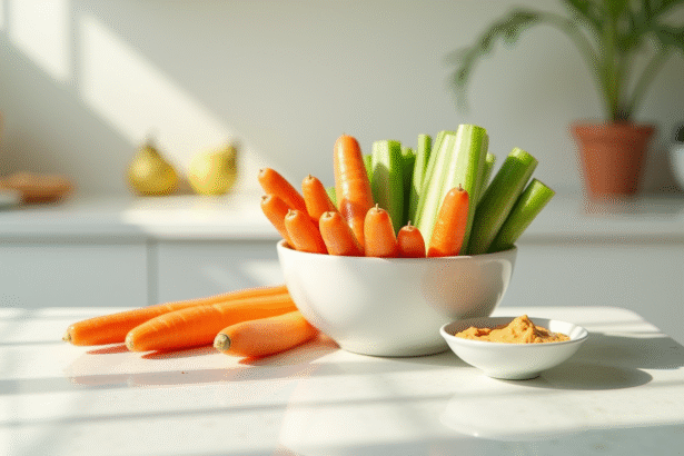 Bol de légumes frais avec hummus sur plan de travail