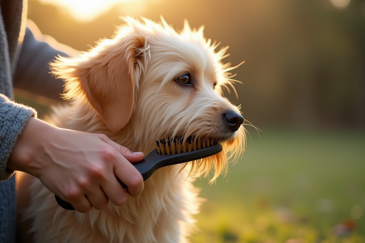Personne brossant un chien en plein air avec poils sur la brosse