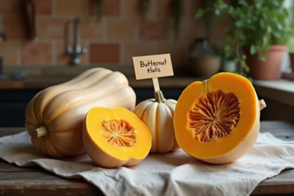 Butternut et courges d'hiver entières et coupées sur une table en bois rustique avec étiquettes nutritionnelles artisanales