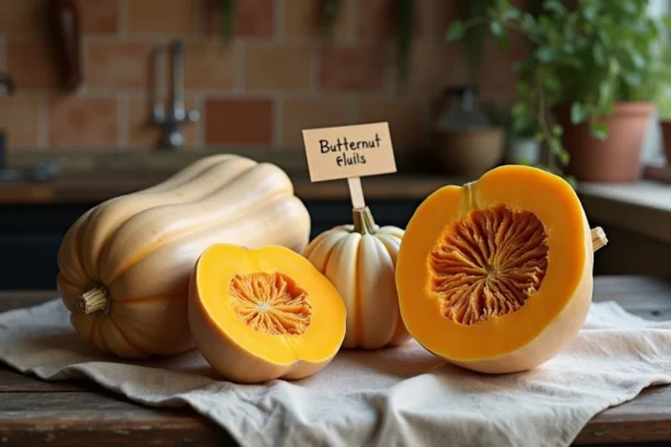 Butternut et courges d'hiver entières et coupées sur une table en bois rustique avec étiquettes nutritionnelles artisanales