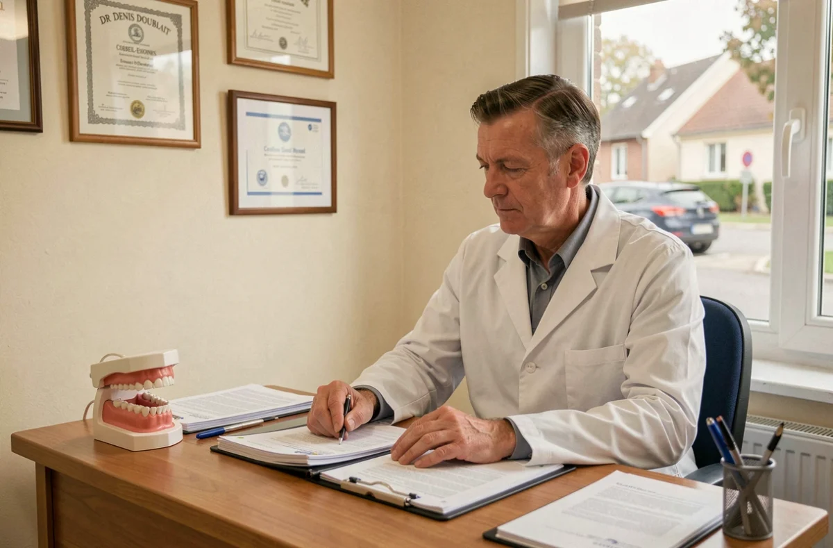 Dentiste professionnel dans son cabinet privé à Corbeil-Essonnes avec diplômes et modèle dentaire sur le bureau