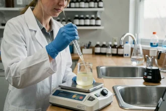 Scientifique mesurant une concentration en mg/mL avec une pipette et une balance analytique en laboratoire de chimie