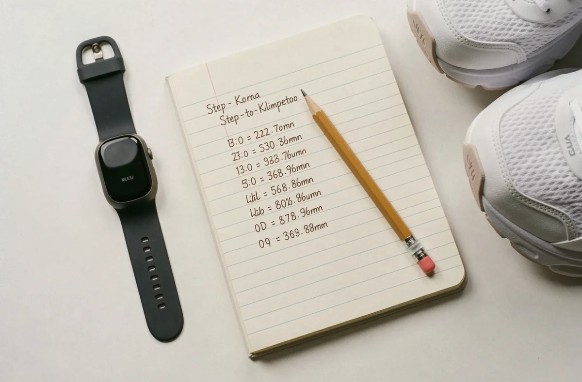 Carnet de conversion pas en kilomètres avec bracelet connecté et chaussures de running posés sur une surface blanche