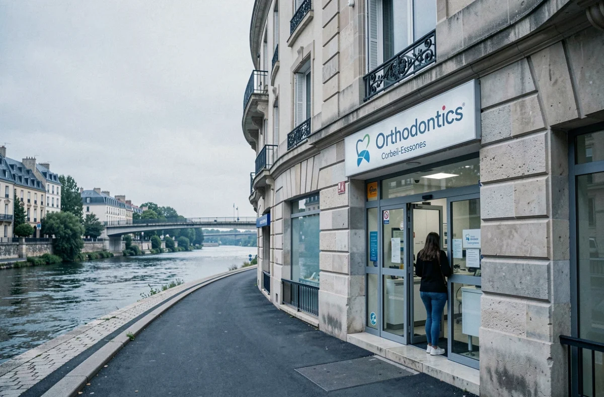 Façade du Centre Dentaire et d'Orthodontie Corbeil-Essonnes Rive Droite avec vue sur la rue et la rivière en arrière-plan