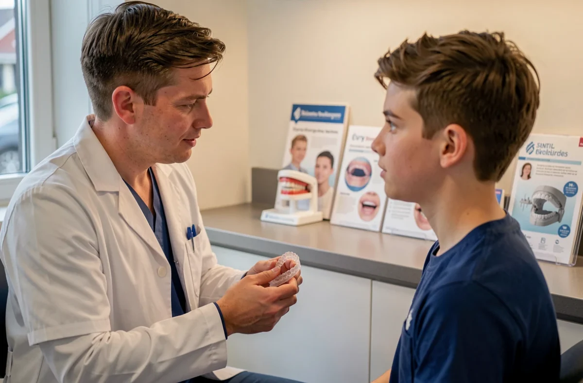 Orthodontiste consultant avec un patient au centre dentaire et orthodontiste d'Évry avec des modèles dentaires visibles