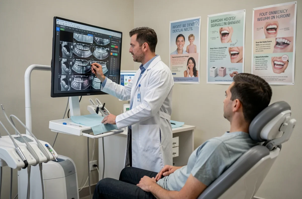 Dentiste analysant des radiographies dentaires au Centre de Santé Dentaire de Grigny avec un patient en salle de soin
