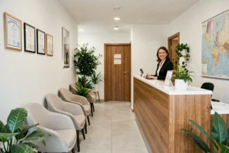 Salle d'attente moderne d'un centre dentaire en Essonne avec accueil professionnel et décoration soignée