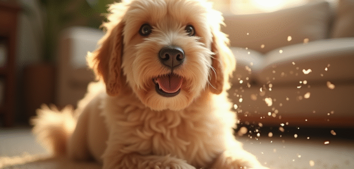 Chien qui perd ses poils dans un salon ensoleille