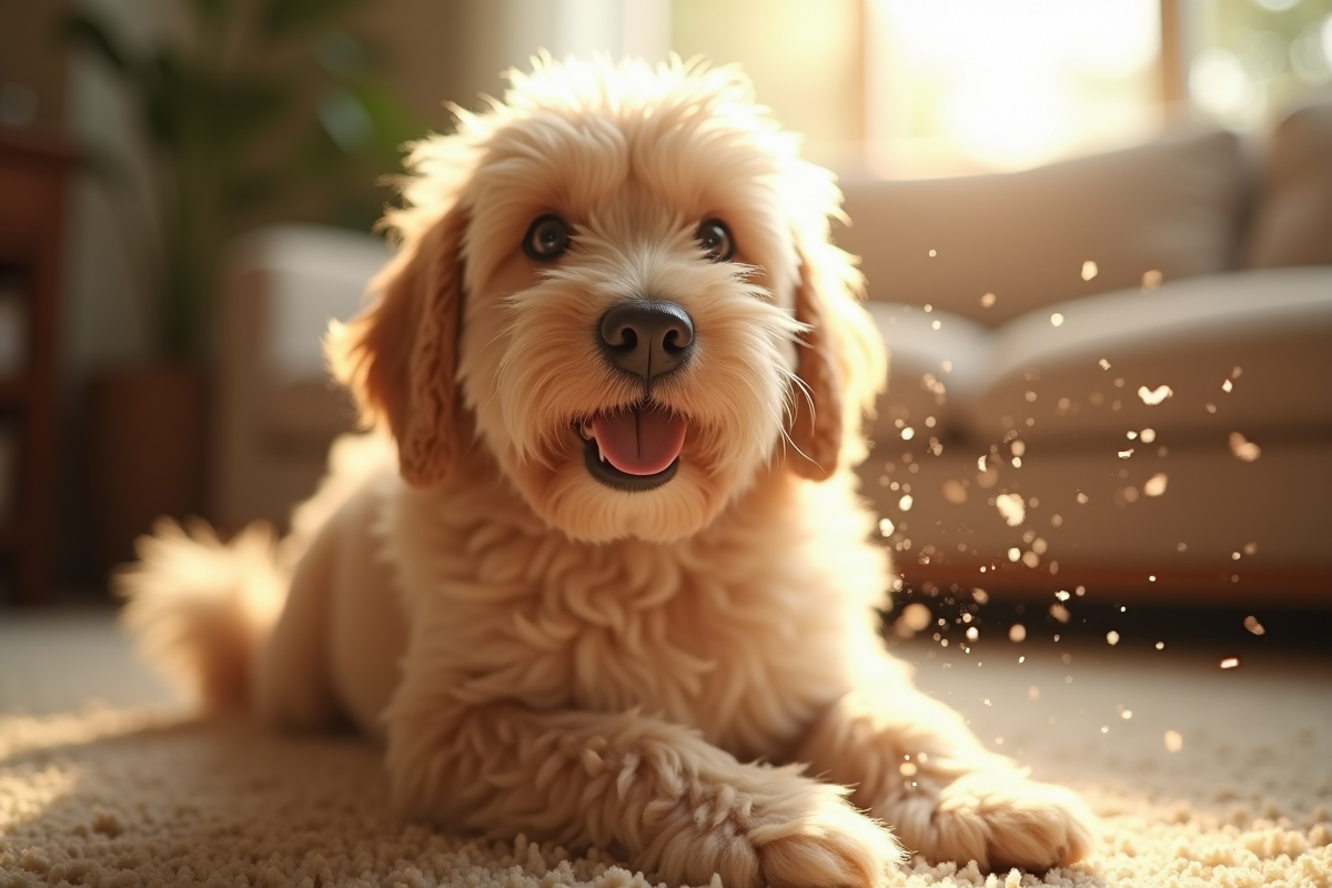 Chien qui perd ses poils dans un salon ensoleille