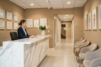 Salle d'accueil d'une clinique de chirurgie esthétique en Haute-Garonne avec décor élégant et professionnel