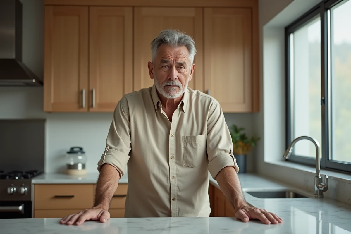 Homme d'âge mûr se tenant le ventre avec une expression de douleur dans une cuisine