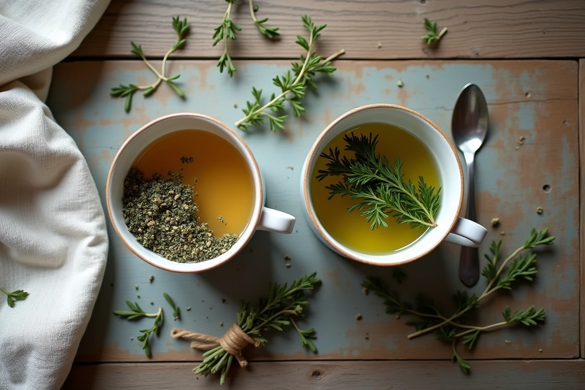 Vue de dessus comparant deux infusions de thym, l'une au thym frais et l'autre au thym séché, dans des tasses en céramique