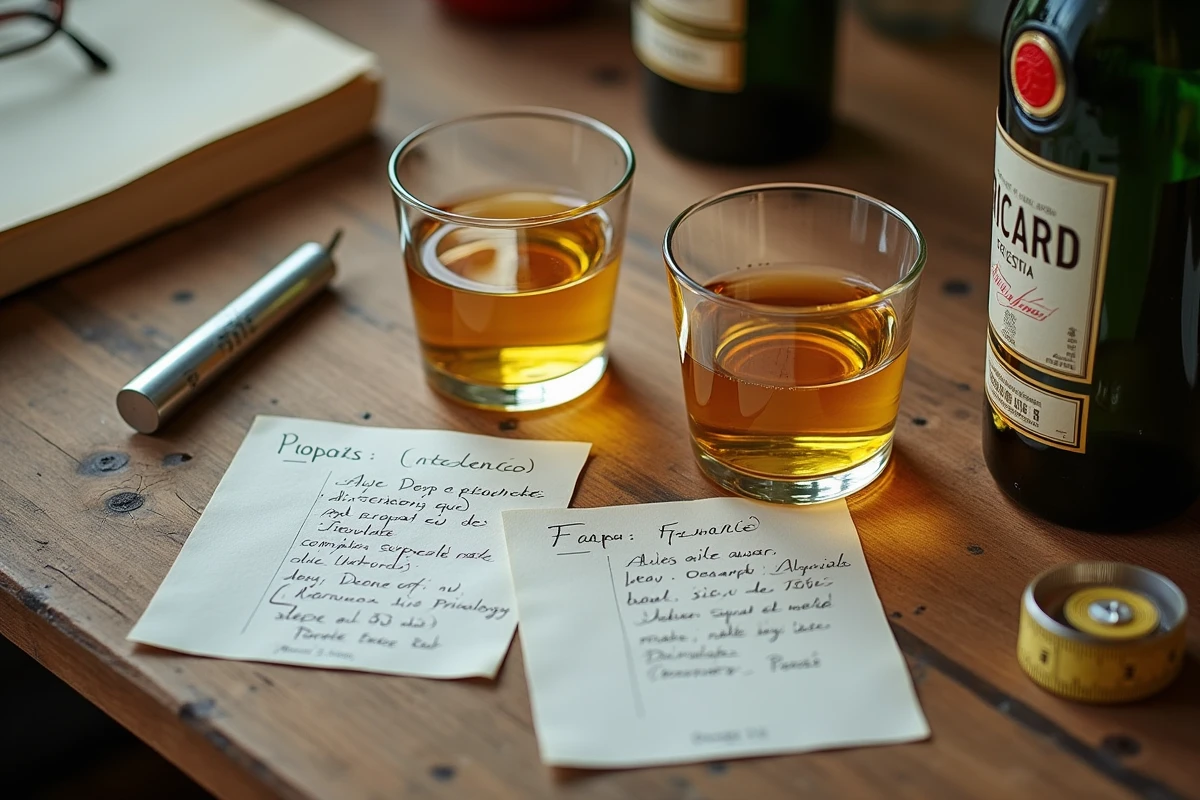 Vue aérienne d'une mise en scène illustrant la comparaison de la dangerosité du Ricard entre hommes et femmes avec des verres de pastis et des fiches scientifiques