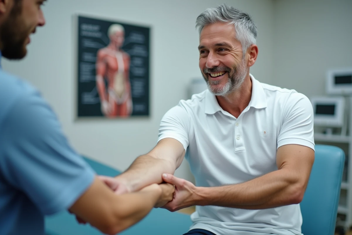 Patient en consultation chez un kinésithérapeute pour des fourmillements dans le bras après le sport