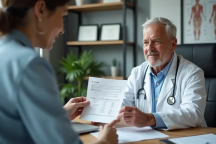 Médecin expliquant des résultats d'analyses sanguins CA 19-9 élevés à un patient en consultation médicale