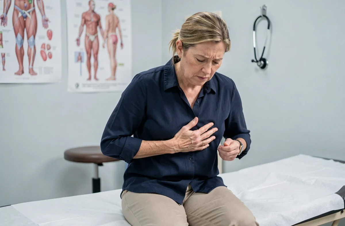 Patiente assise en cabinet médical avec douleur sous les côtes droites lors d'une consultation chez le médecin