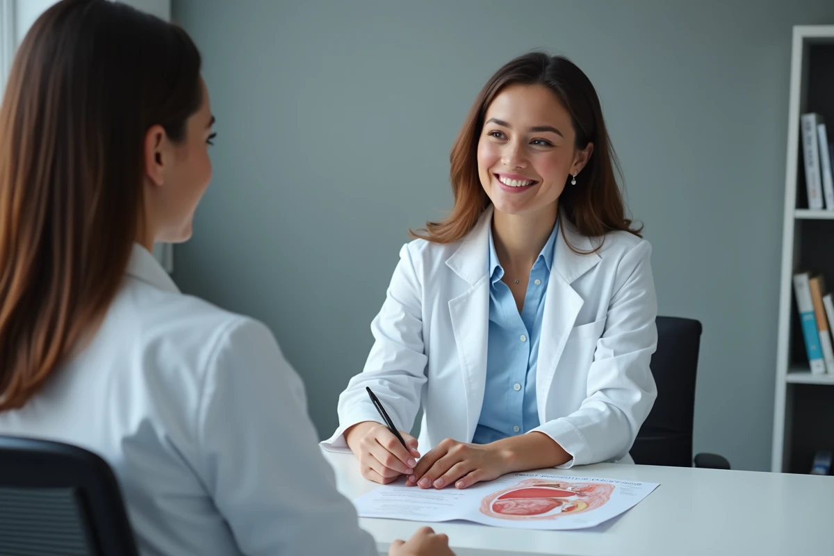 Médecin expliquant une douleur hépatique à l'aide d'un schéma anatomique lors d'une consultation