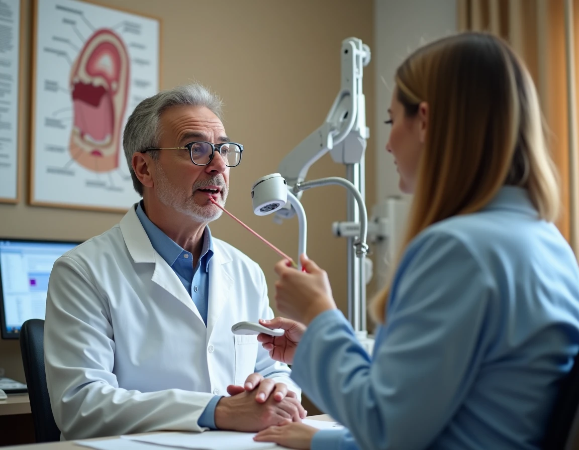Consultation ORL pour examiner des taches foncées sur la langue et évaluer un risque de cancer buccal