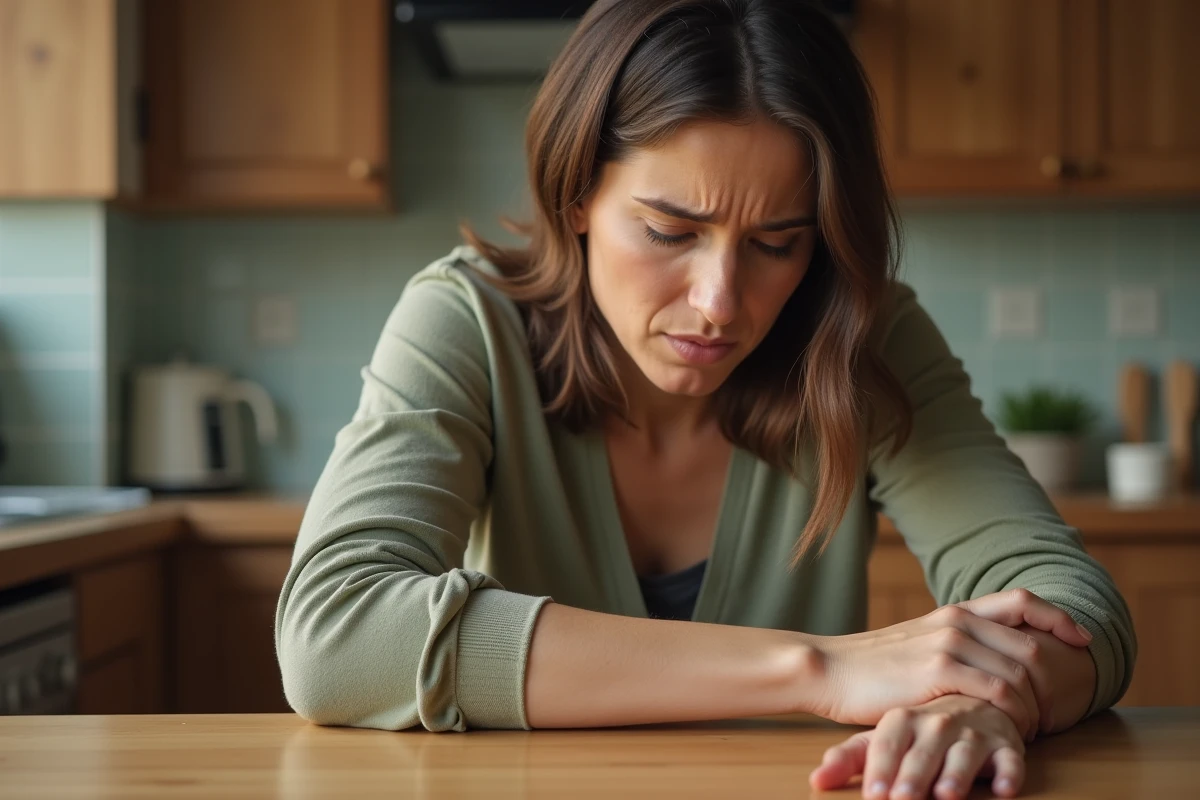 Femme ressentant une contraction musculaire involontaire dans l'avant-bras à la maison