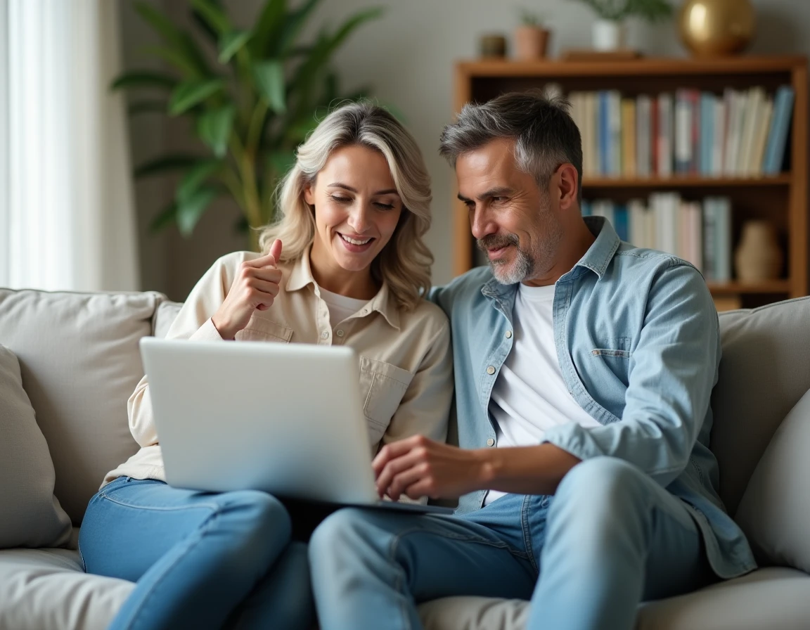 Couple comparant des offres de mutuelle santé sur un ordinateur portable à domicile, illustrant l'optimisation des dépenses santé franchise et reste à charge avec PlanSanté NoveoCare