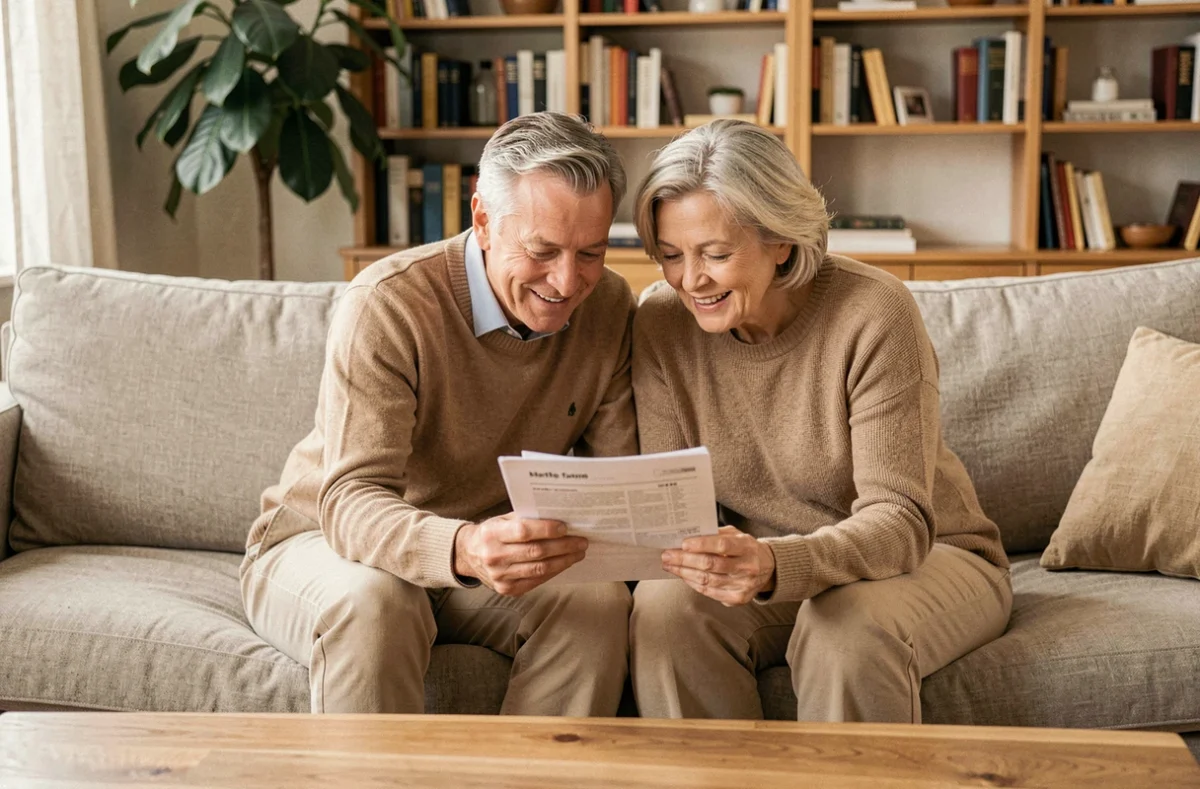 Couple consultant ensemble leur mutuelle Ociane Matmut sur une tablette dans leur salon