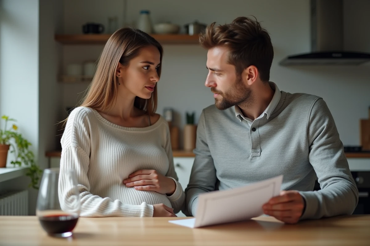 Jeune couple inquiet à la cuisine avec un leaflet grossesse