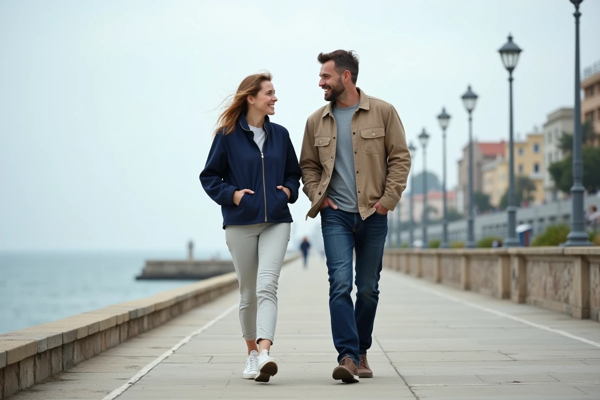 Couple d'adultes marchant ensemble sur un bord de mer pour atteindre leur objectif de 10000 pas par jour
