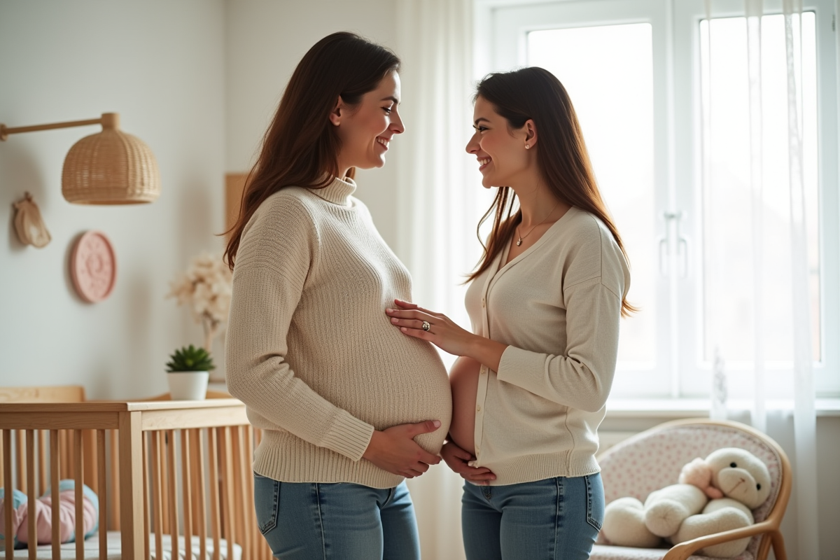 Jeune couple dans une nurserie avec bola de grossesse